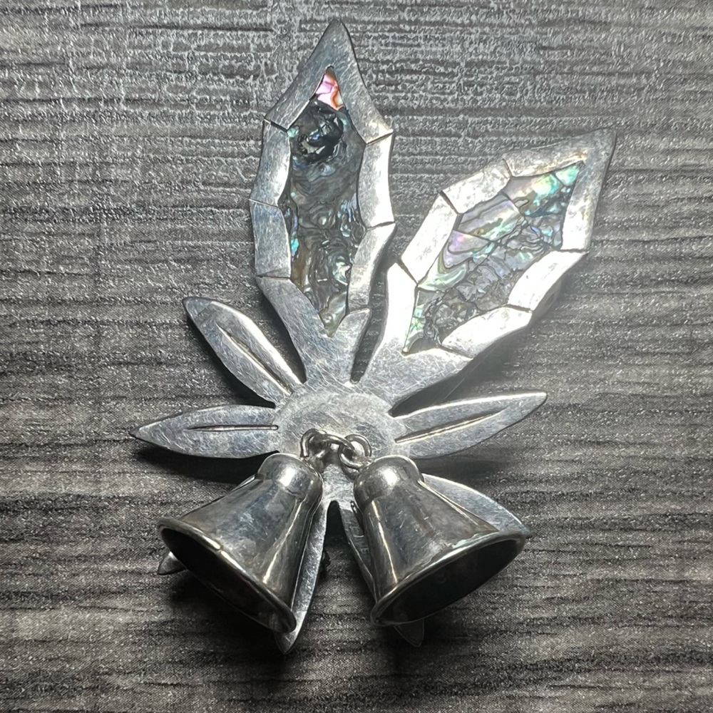 Mexican Sterling Silver 925 Abalone Holly Pin with Bell